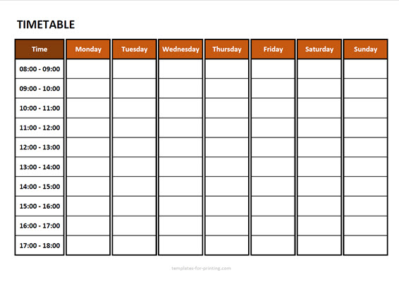 Timetable From Monday To Sunday TEMPLATES FOR PRINTING