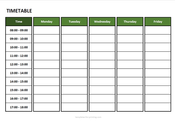 Timetable From Monday To Friday TEMPLATES FOR PRINTING